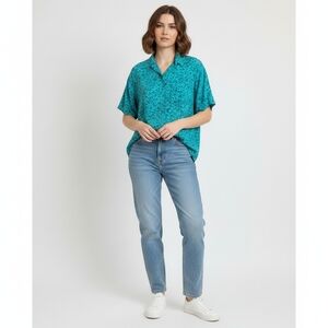 Vintage Turquoise Button Front Short Sleeve Shirt Micro Floral Print Women's XL